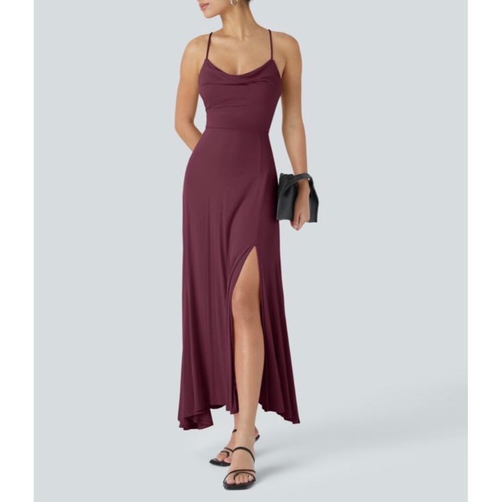 Halara Ribbed Cowl Neck Lace Up Midi Dress Sz Medium Burgundy Womens Strappy Bac